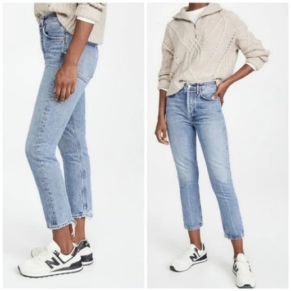 Agolde Riley High Rise Waisted Crop Cropped Organic Denim Jeans Emulsion - Picture 2 of 16